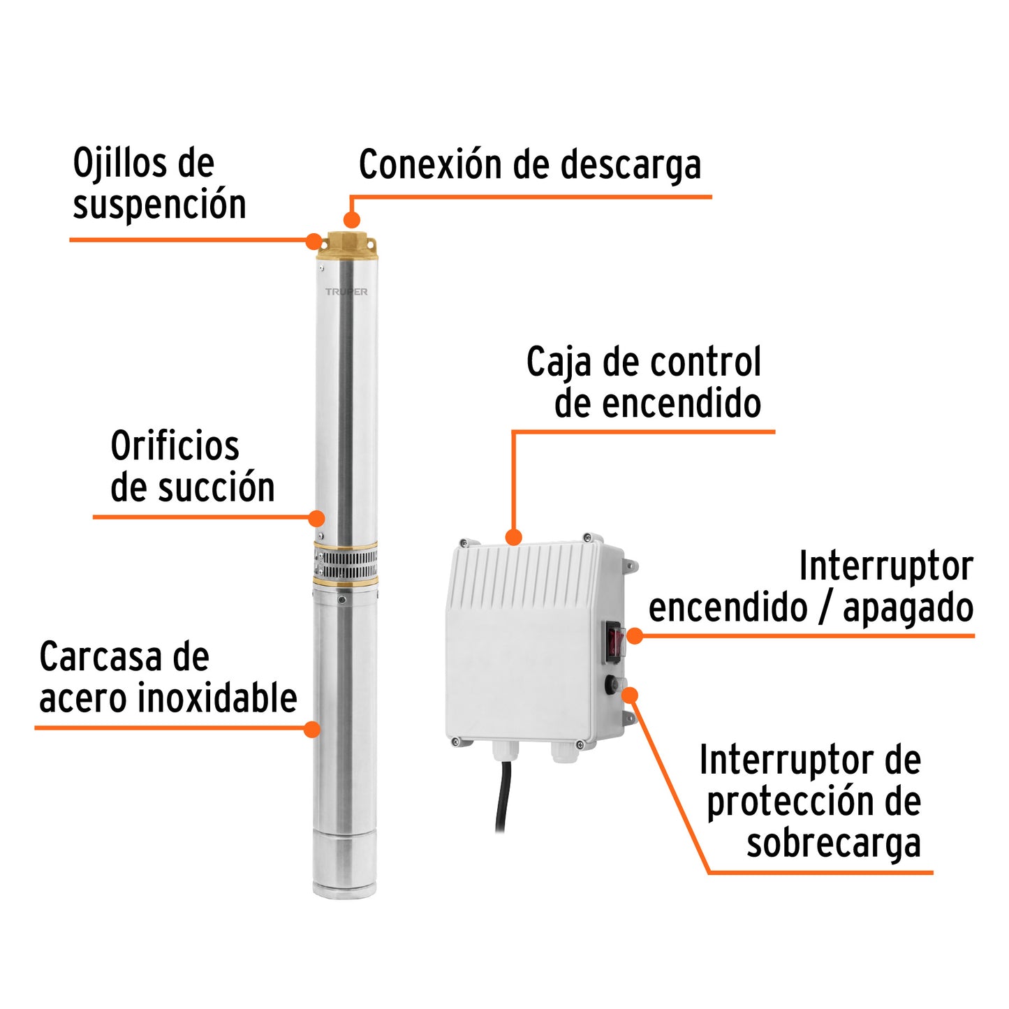 BOMBA PARA AGUA LIMPIA 2-HP 220V SUMERGIBLE TIPO BALA TRUPER