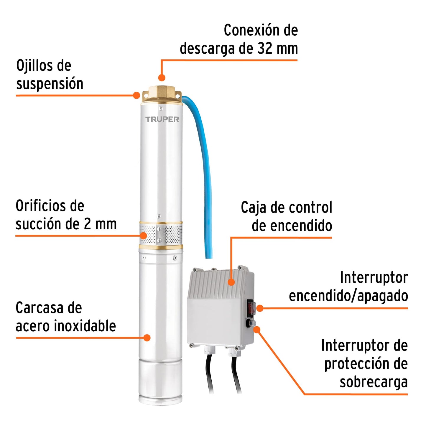 BOMBA PARA AGUA LIMPIA 3/4-HP SUMERGIBLE TIPO BALA TRUPER