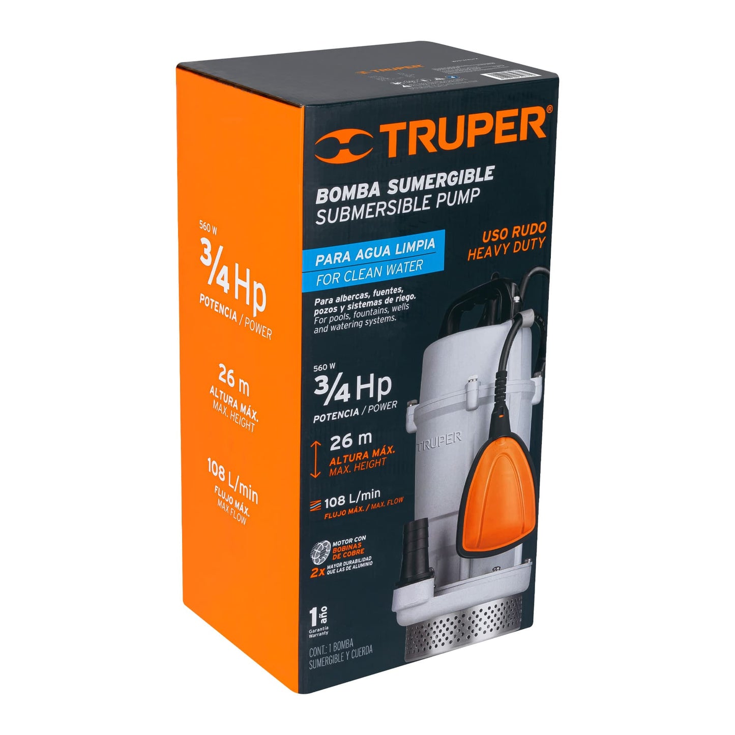 BOMBA PARA AGUA LIMPIA 3/4-HP SUMERGIBLE USO RUDO TRUPER