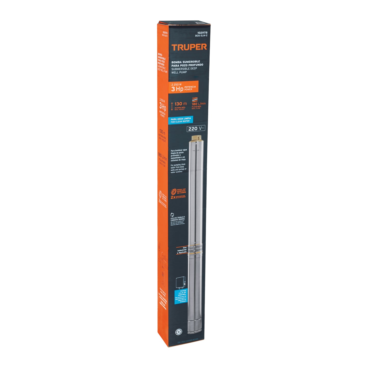 BOMBA PARA AGUA LIMPIA 3-HP 220V SUMERGIBLE TIPO BALA TRUPER
