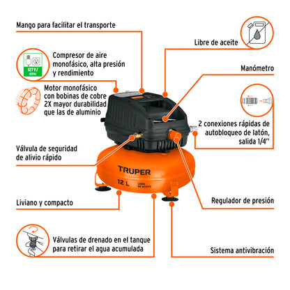 COMPRESOR DE AIRE COMP-12S SIN ACEITE 12-LITROS TRUPER