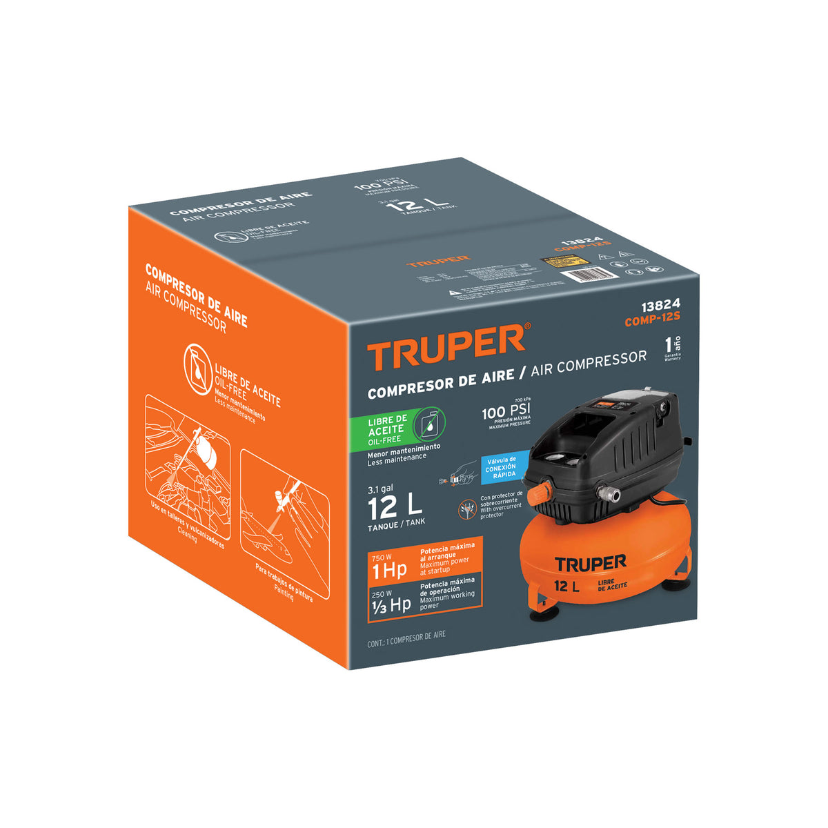 COMPRESOR DE AIRE COMP-12S SIN ACEITE 12-LITROS TRUPER
