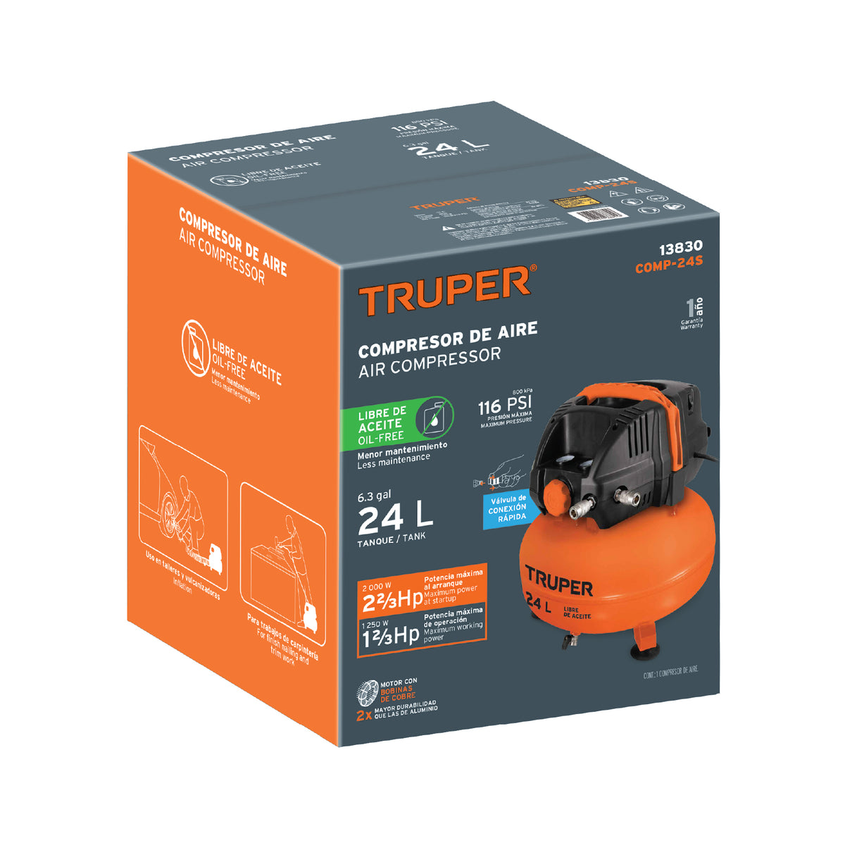 COMPRESOR DE AIRE COMP-24S SIN ACEITE 24-LITROS TRUPER