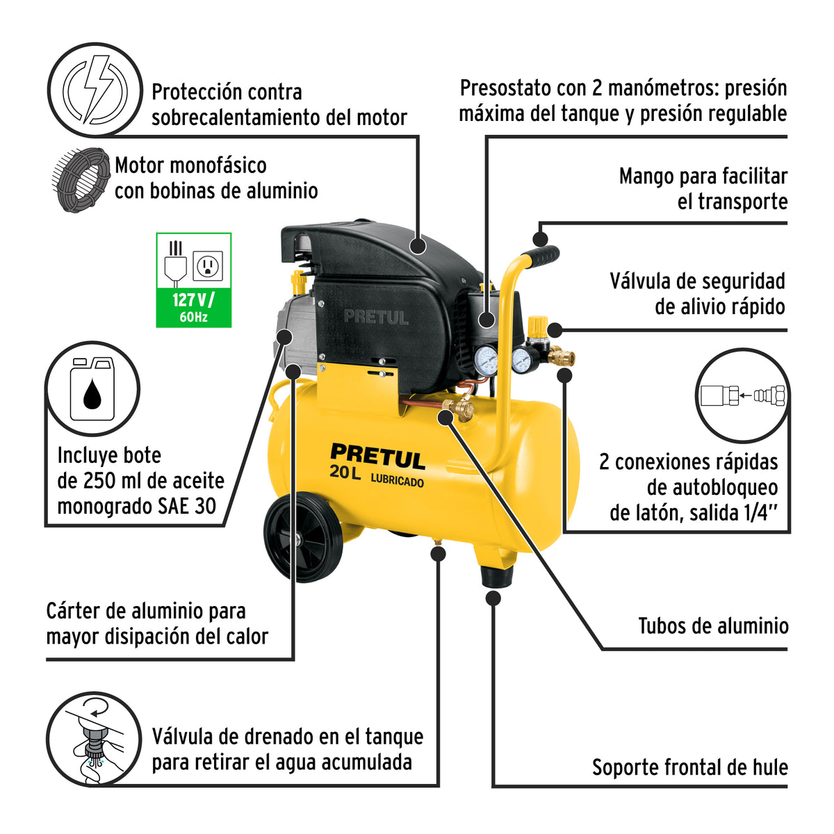 COMPRESOR DE AIRE CON ACCESORIOS COMP-KIT20P2 PRETUL 2-1/2HP