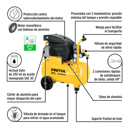 COMPRESOR DE AIRE CON ACCESORIOS COMP-KIT20P2 PRETUL 2-1/2HP