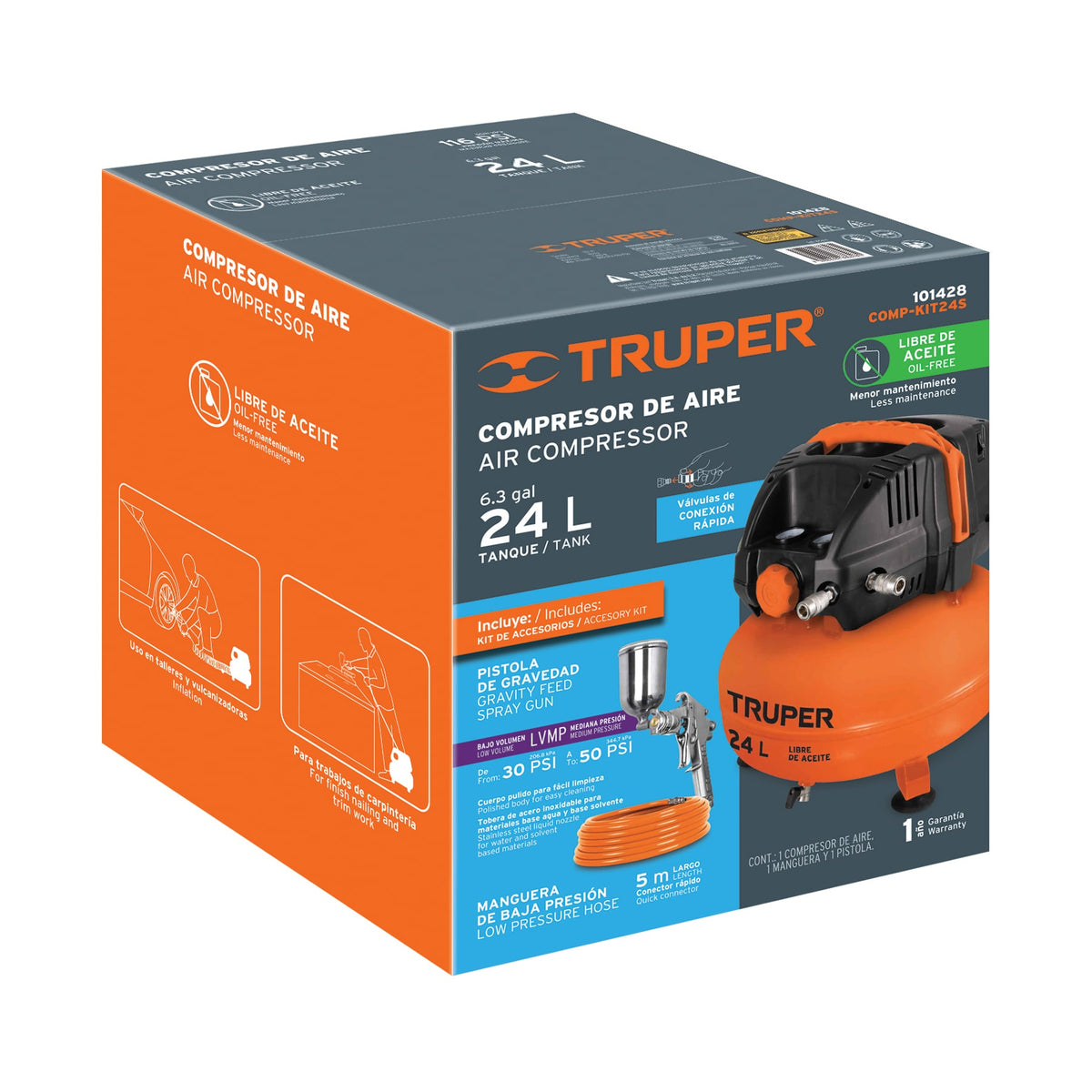 COMPRESOR DE AIRE COMP-KIT24S CON MANGUERA VASO 24-LT TRUPER