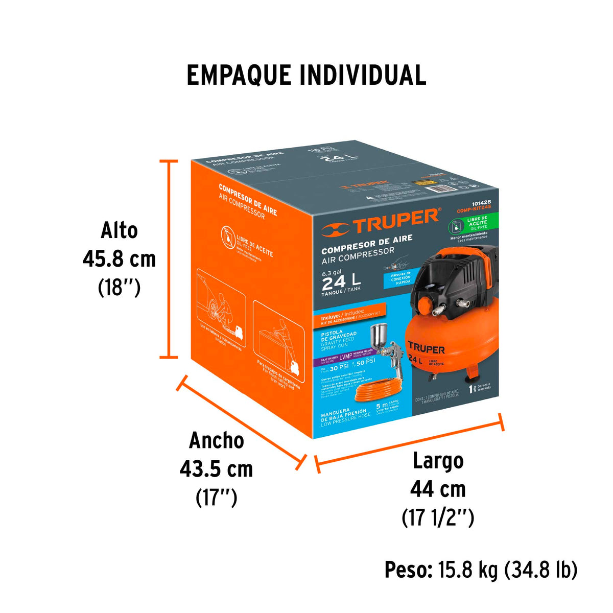 COMPRESOR DE AIRE COMP-KIT24S CON MANGUERA VASO 24-LT TRUPER