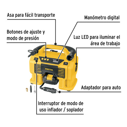 INFLADOR Y SOPLADOR INALAMBRICO PARA CARRO 20V PRETUL
