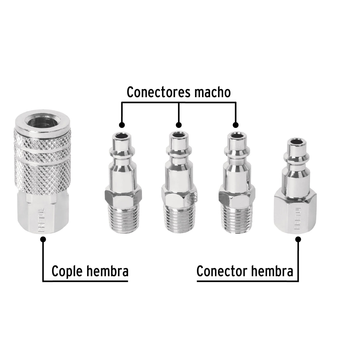 JUEGO COPLE/CONECTORES PARA COMPR F/M 5PCS PRETUL
