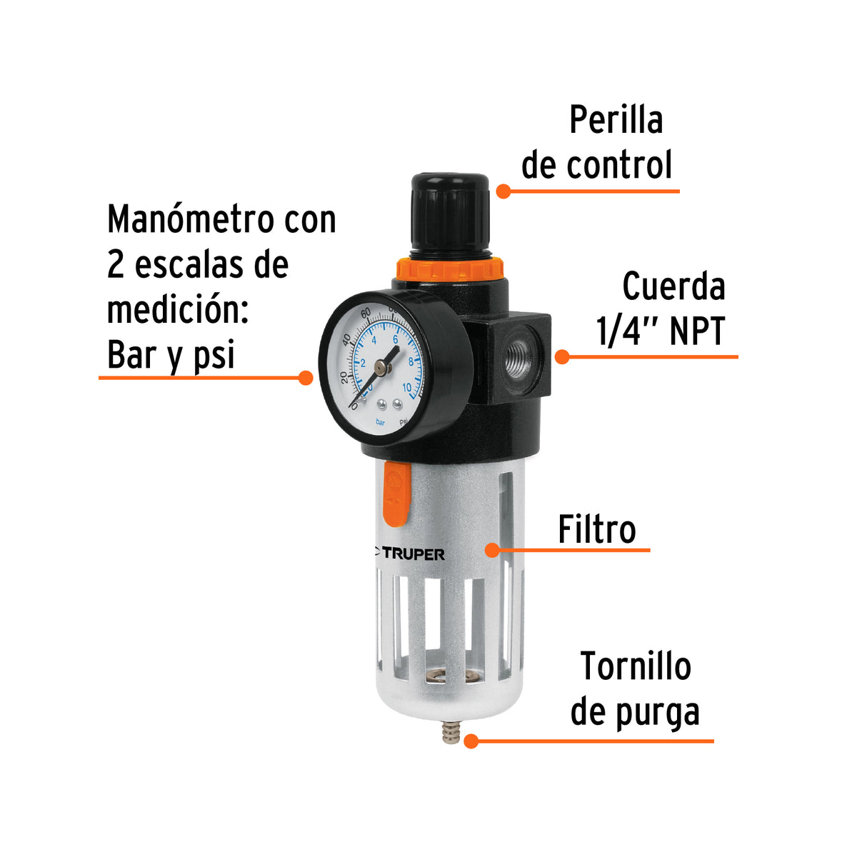 FILTRO REGULADOR DE AIRE 1/4 NPT TRUPER FIRE-1/4