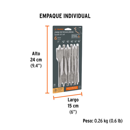 BROCAS TRUPER 6-PCS J-BPT-6 TIPO PALETA PARA MADERA