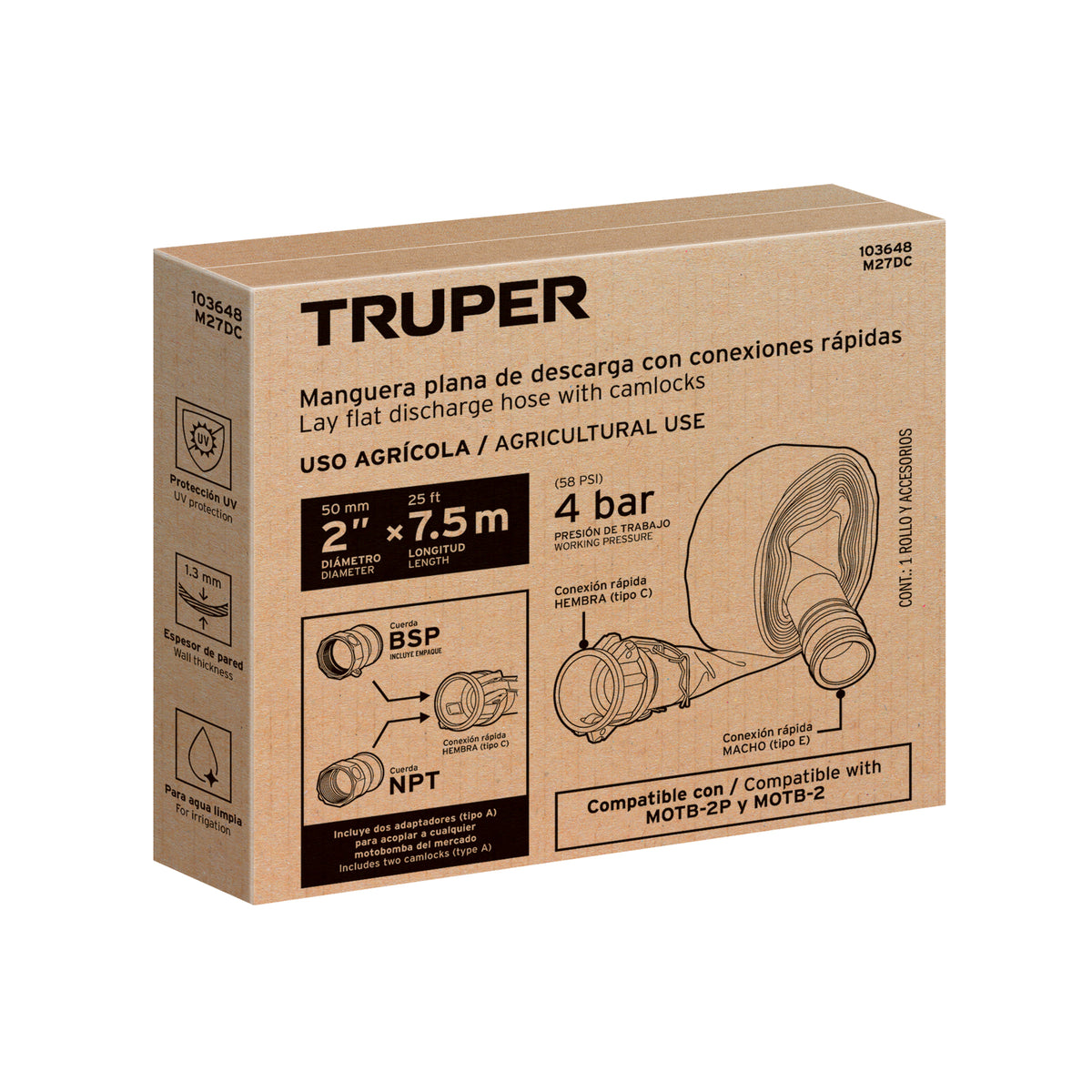 MANGUERA AZUL PARA DESCARGAR MOTOBOMBA 2" 7.5M CON CONEXION M25DC TRUPER