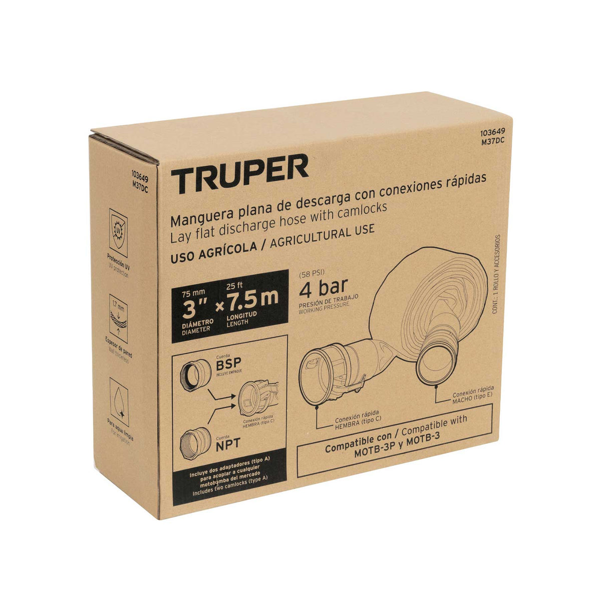 MANGUERA AZUL PARA DESCARGAR MOTOBOMBA 3" 7.5M CON CONEXION M37DC TRUPER