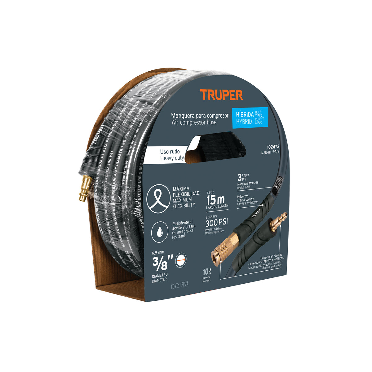 MANGUERA HIBRIDA PARA COMPRESOR 300PSI 3/8X15MTS TRUPER