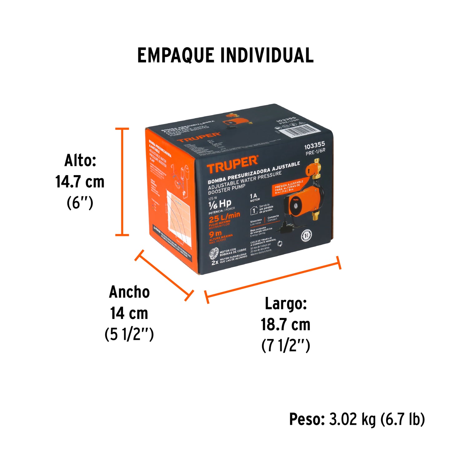 BOMBA PARA AGUA 1/6-HP TRUPER CON PRESURIZADOR CON SENSOR