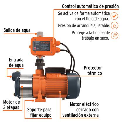 BOMBA PARA AGUA 1/2-HP TRUPER CON PRESURISADOR Y CONTROL