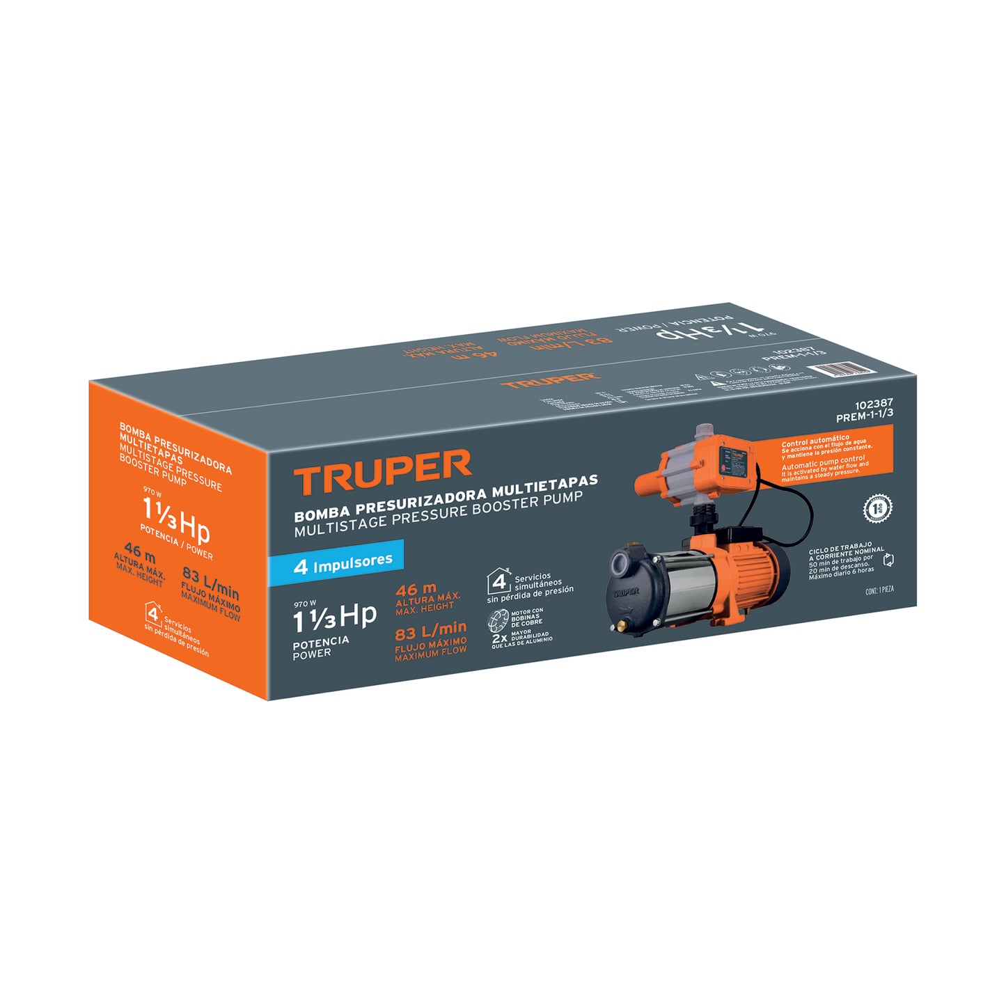 BOMBA PARA AGUA 1-1/3-HP TRUPER CON PRESURISADOR Y CONTROL