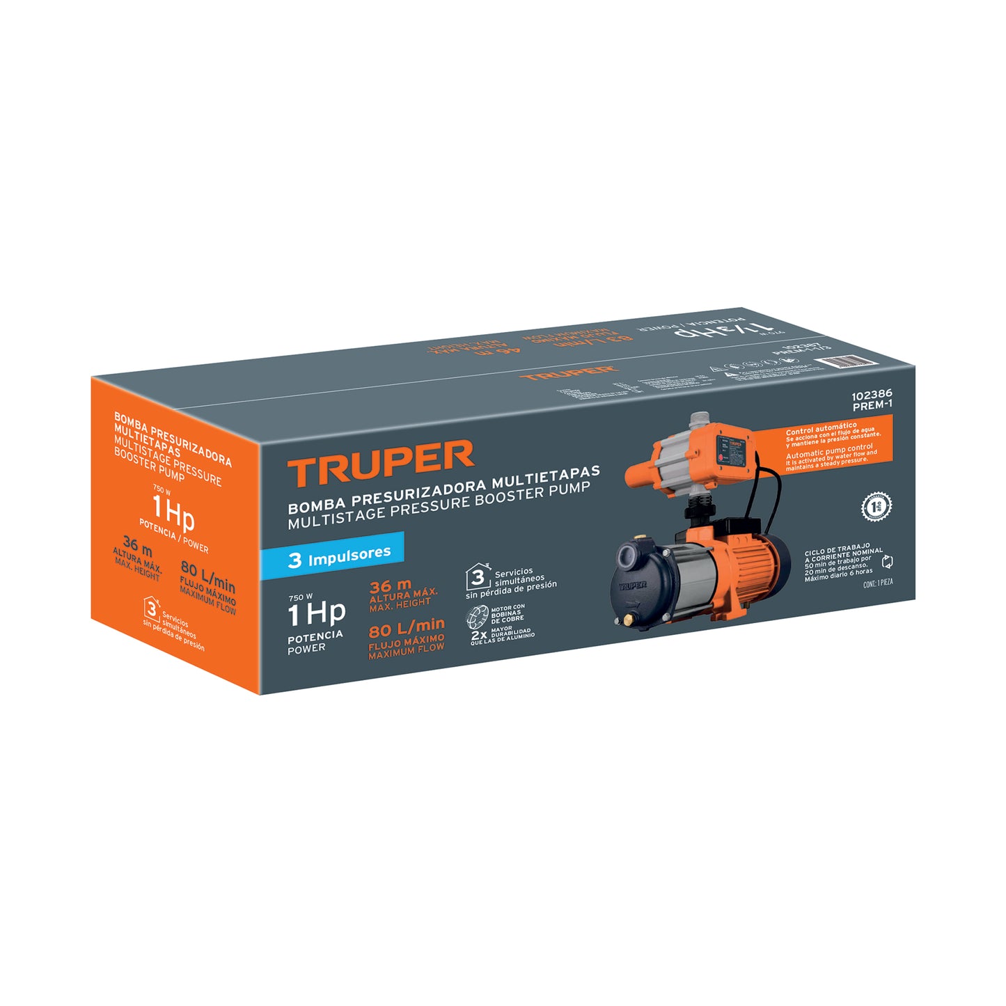 BOMBA PARA AGUA 1-HP TRUPER CON PRESURISADOR Y CONTROL