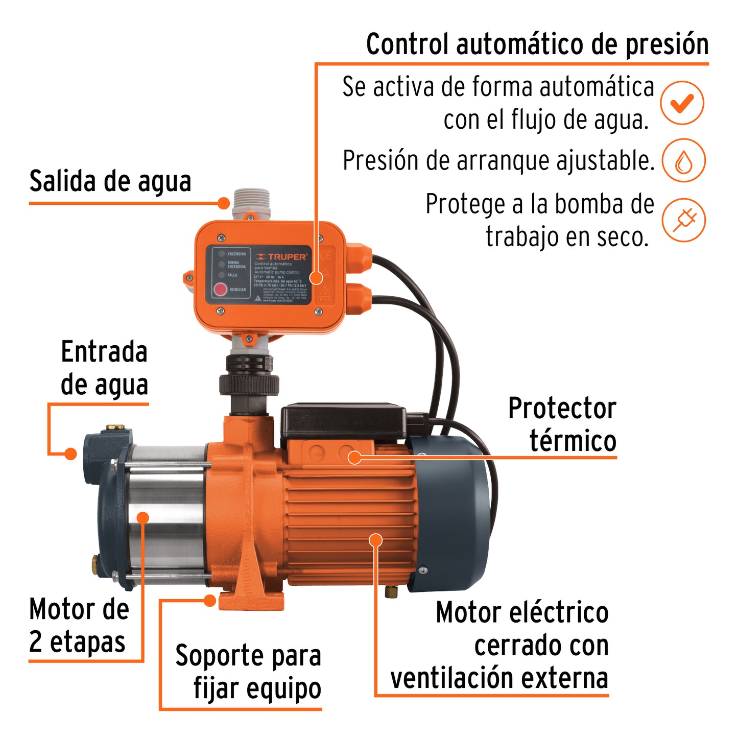 BOMBA PARA AGUA 3/4-HP TRUPER CON PRESURISADOR Y CONTROL