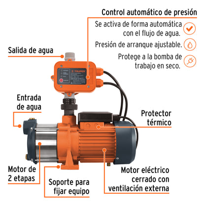 BOMBA PARA AGUA 3/4-HP TRUPER CON PRESURISADOR Y CONTROL
