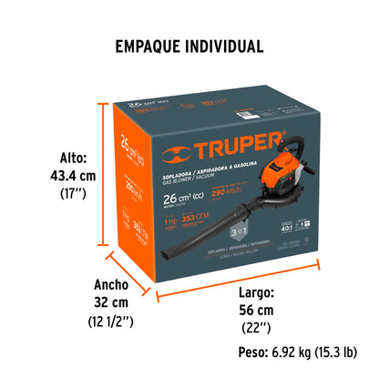 SOPLADORA Y ASPIRADORA GASOLINA MOTOR 26CC 1HP TRUPER