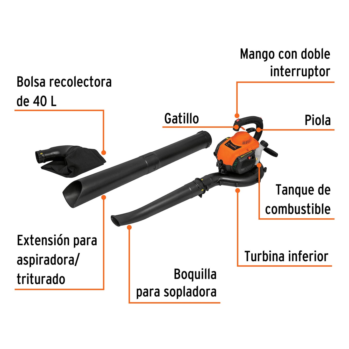 SOPLADORA Y ASPIRADORA GASOLINA MOTOR 26CC 1HP TRUPER