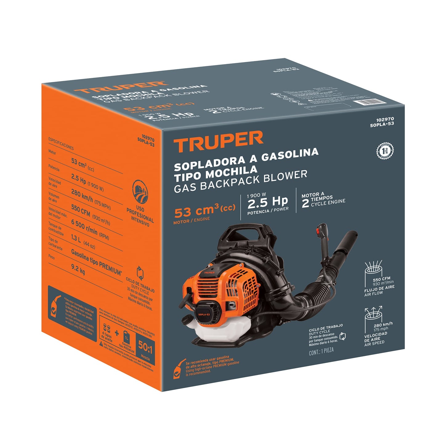 SOPLADORA GASOLINA MOTOR 53CC 1,900W 2.5HP TRUPER