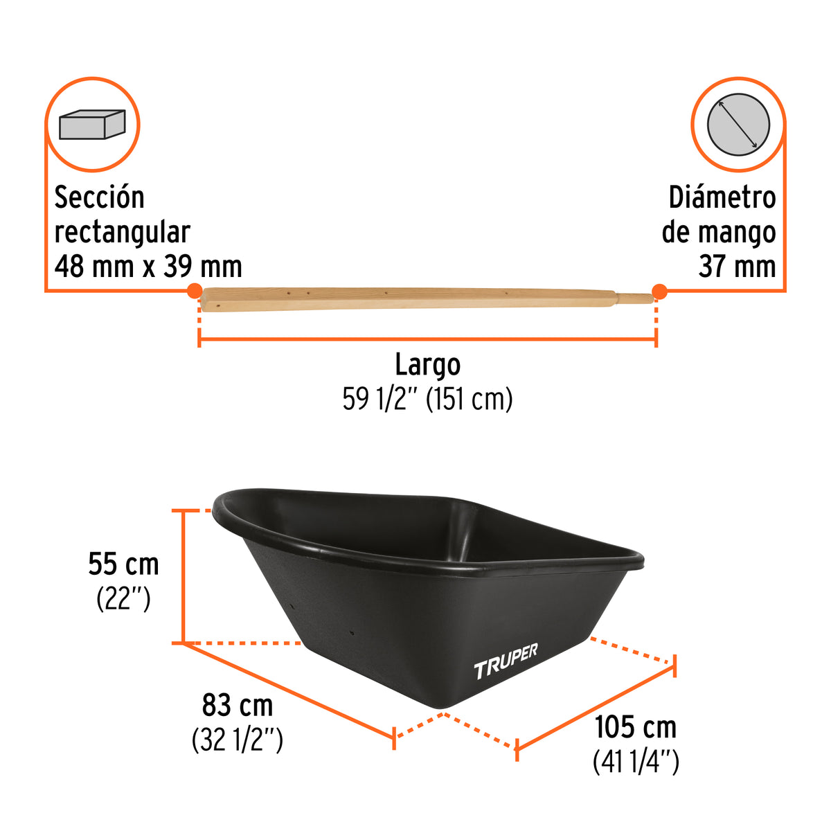 CARRETA TRUPER DESARMADA PLASTICA PARA GRANOS TP-8 NEGRA DOBLE LLANTA