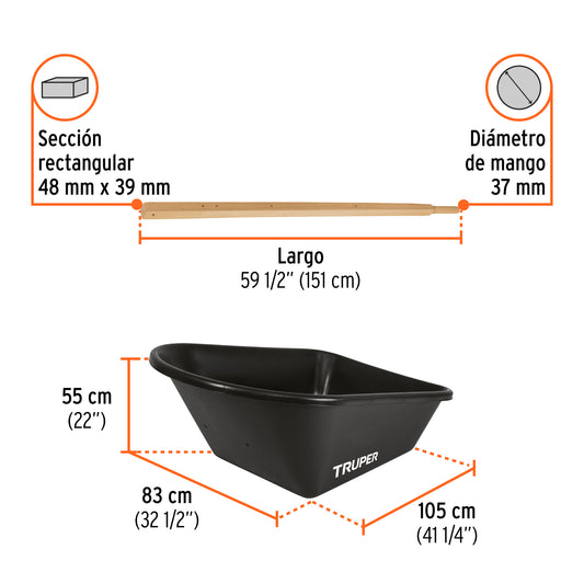 CARRETA TRUPER DESARMADA PLASTICA PARA GRANOS TP-8 NEGRA DOBLE LLANTA