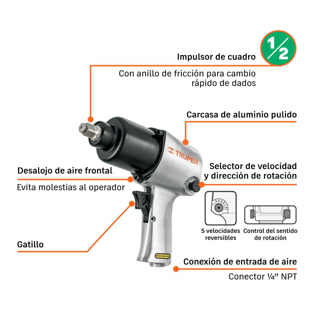 LLAVE DE IMPACTO NEUMATICO 1/2 TRUPER CON MALETIN