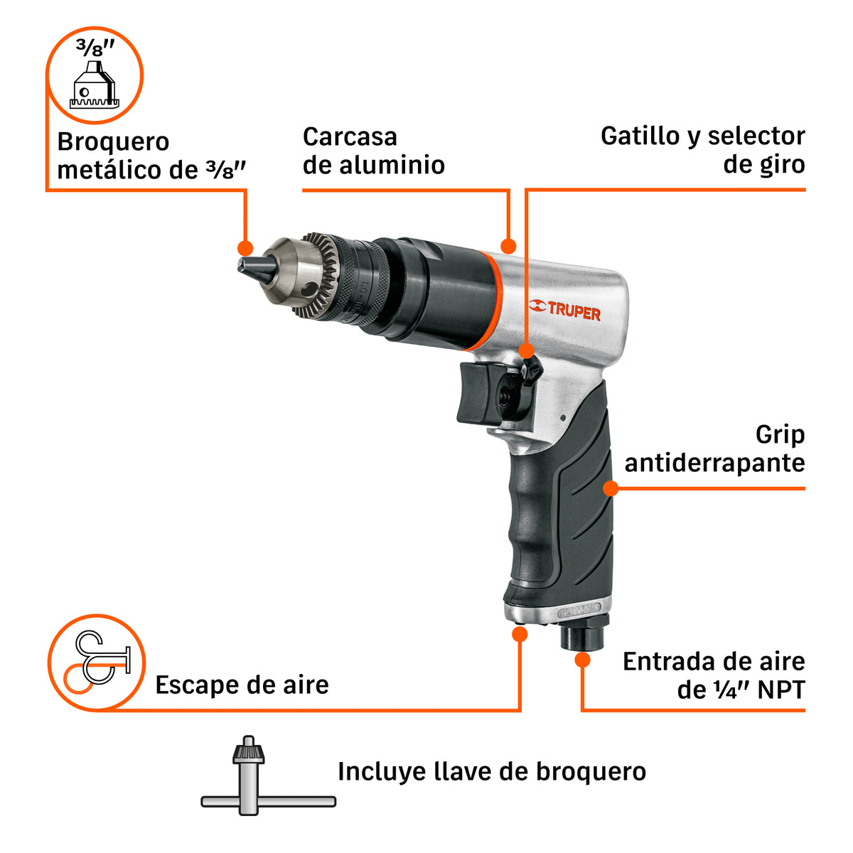TALADRO NEUMATICO 3/8 TRUPER REVERSIBLE TPN-788RX