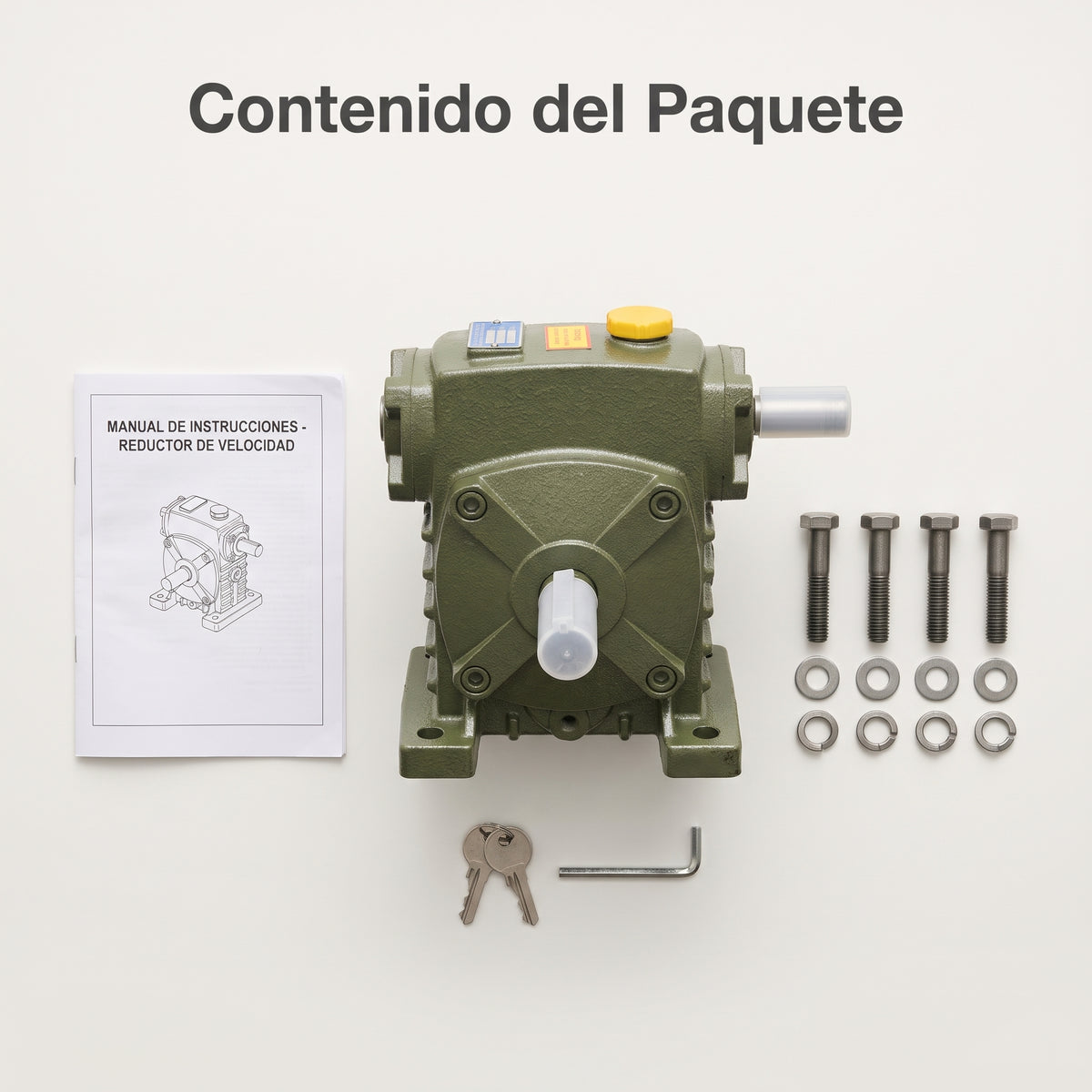 Industrial Worm Speed Reducer — Contenido del Paquete - Vista Aerea | Generated by Modelize