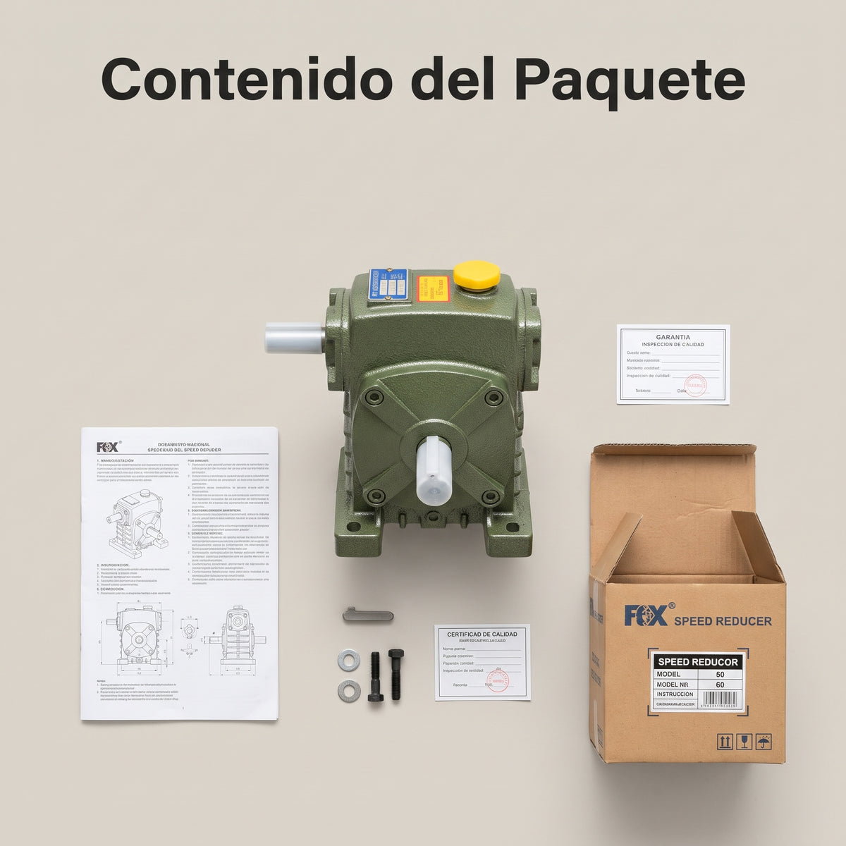 Industrial Speed Reducer Gearbox — Contenido del Paquete - Vista Aerea | Generated by Modelize