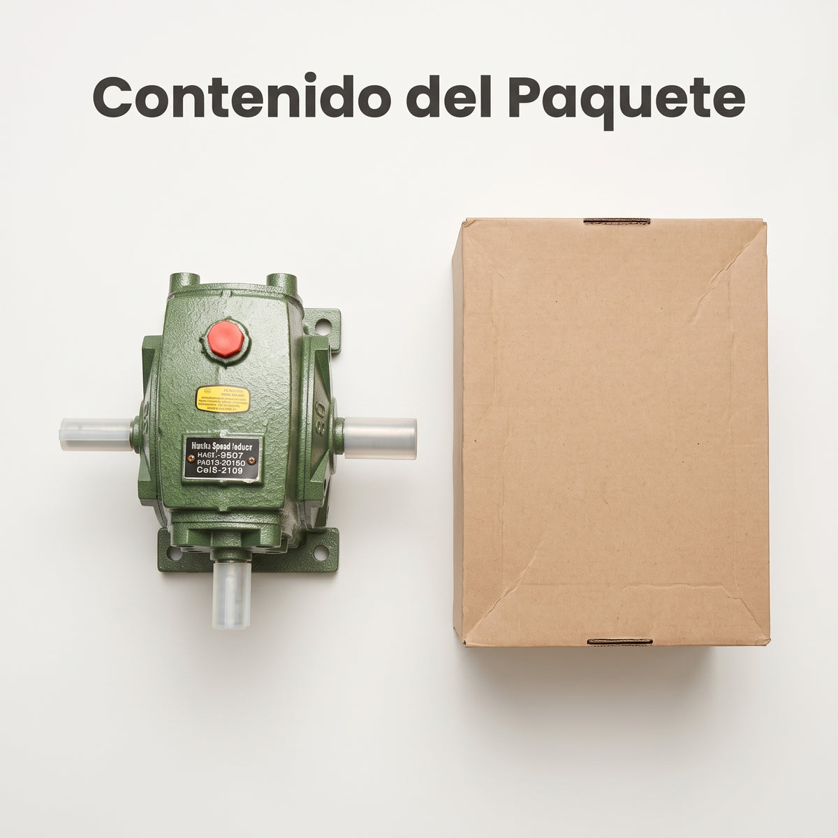 Industrial Speed Reducer Gearbox — Contenido del Paquete - Vista Aerea | Generated by Modelize