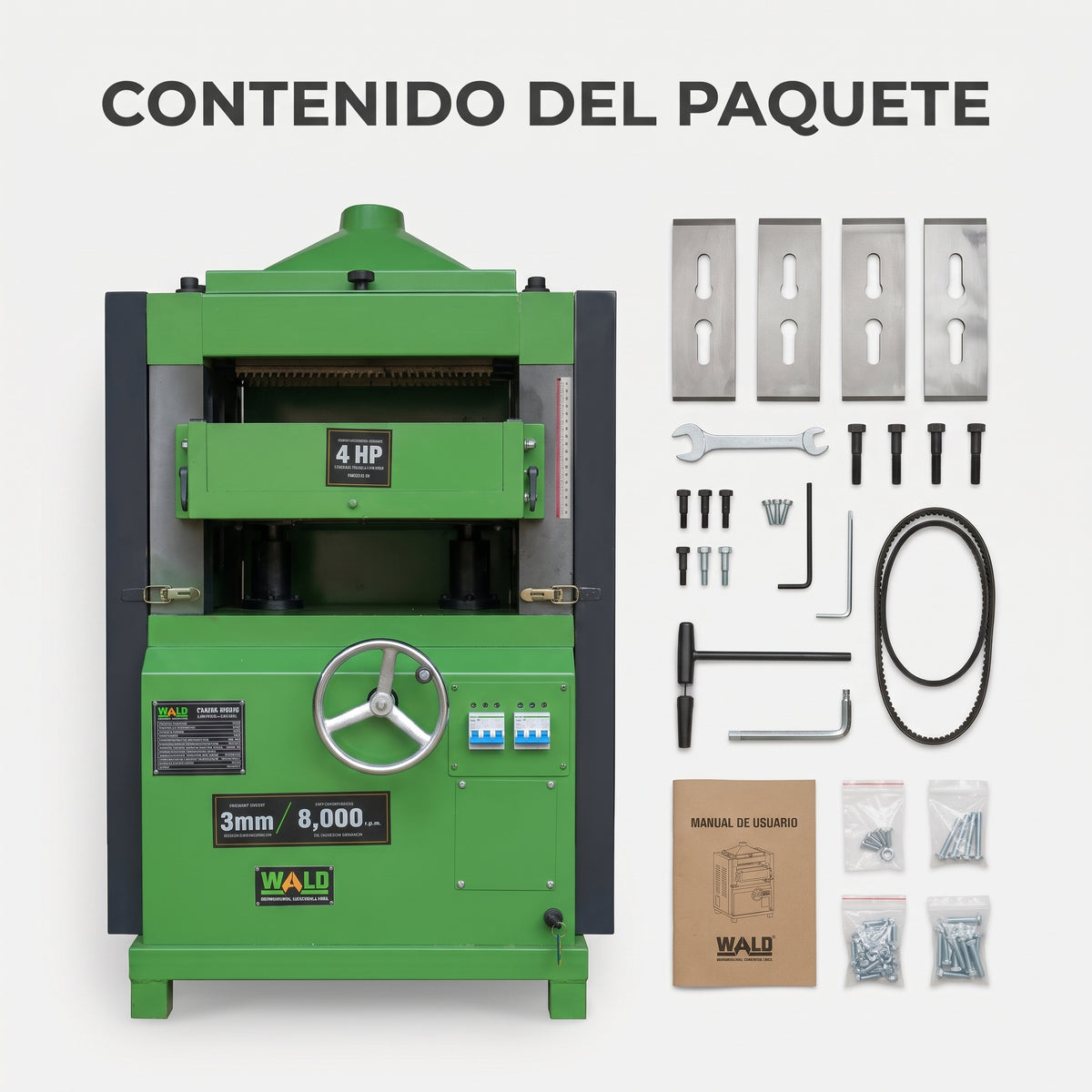 Industrial Double-Sided Wood Planer — Contenido del Paquete - Vista Aerea | Generated by Modelize