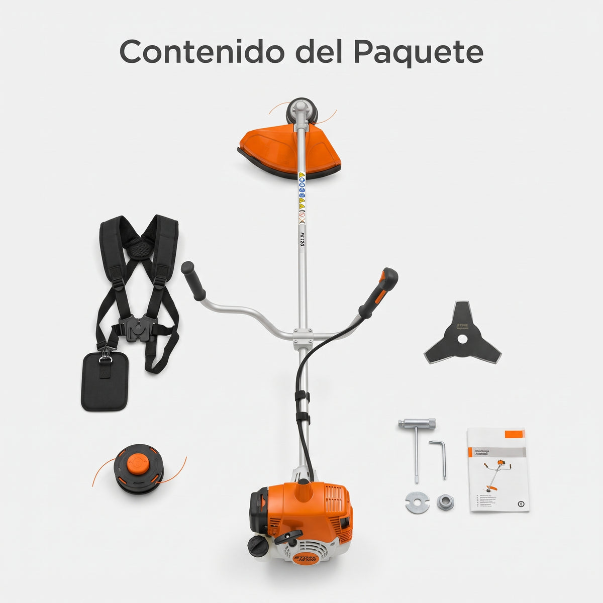 String Trimmer / Brushcutter — Contenido del Paquete - Vista Aerea | Generated by Modelize