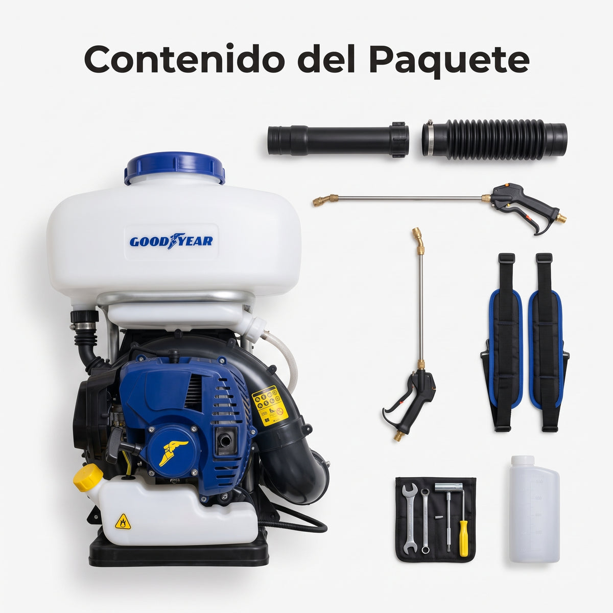 Backpack Mist Blower / Gasoline Fumigator — Contenido del Paquete - Vista Aerea | Generated by Modelize