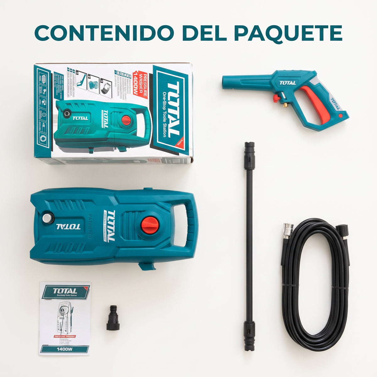 Electric Pressure Washer — Contenido del Paquete - Vista Aerea | Generated by Modelize