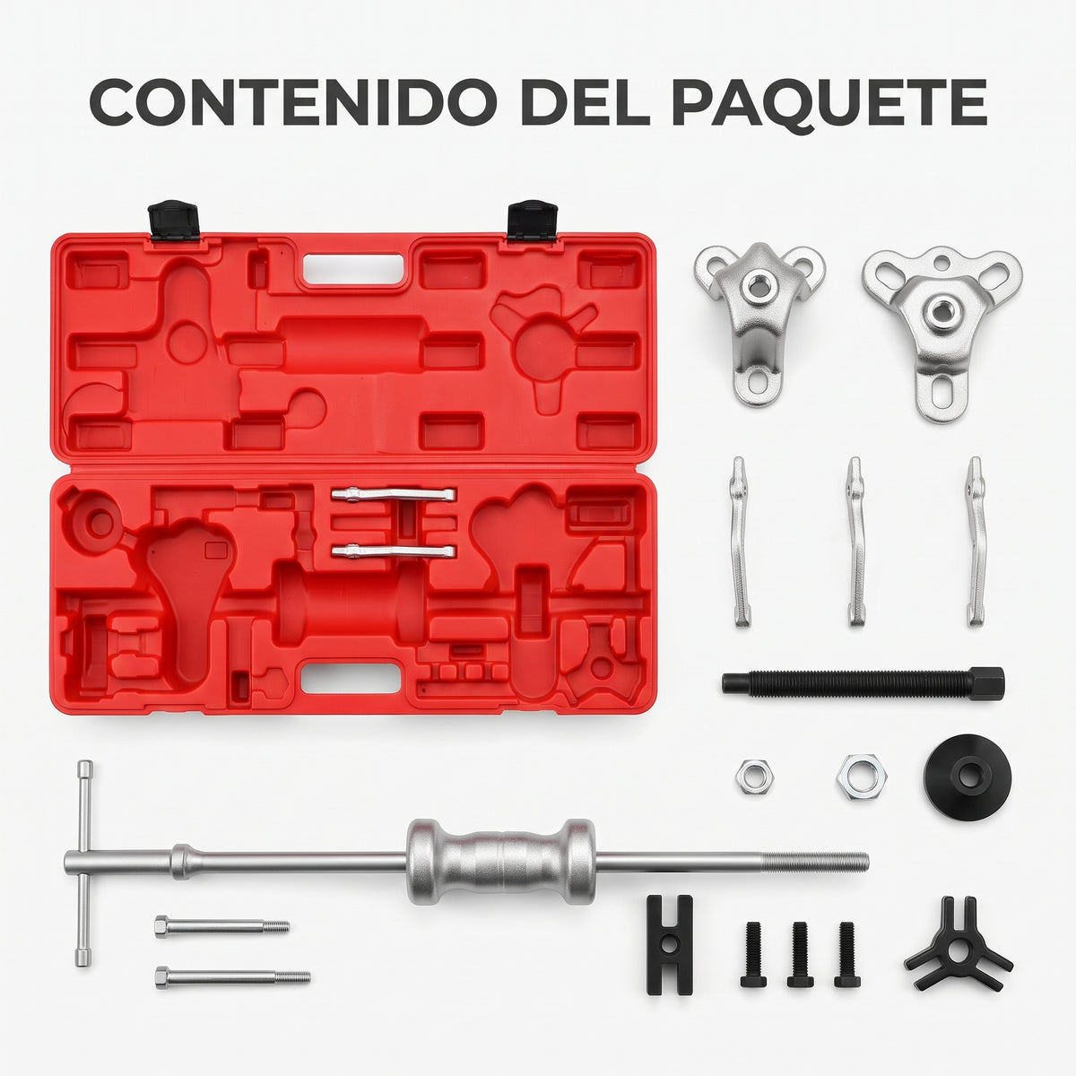 Dent puller slide hammer kit — Contenido del Paquete - Vista Aerea | Generated by Modelize