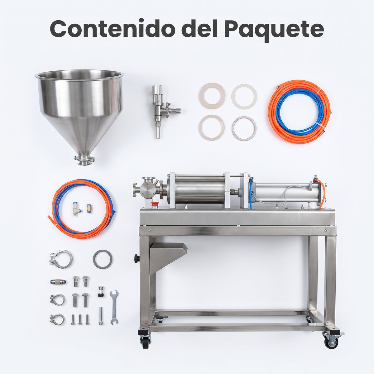 Pneumatic Liquid and Cream Filling Machine — Contenido del Paquete - Vista Aerea | Generated by Modelize