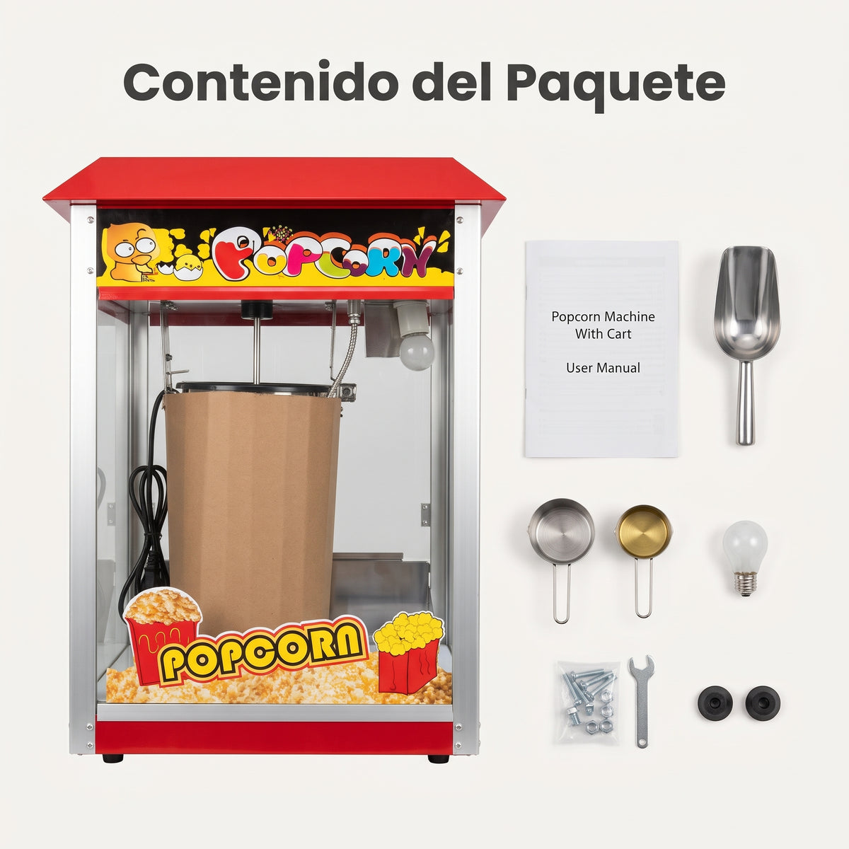 Commercial Popcorn Machine — Contenido del Paquete - Vista Aerea | Generated by Modelize