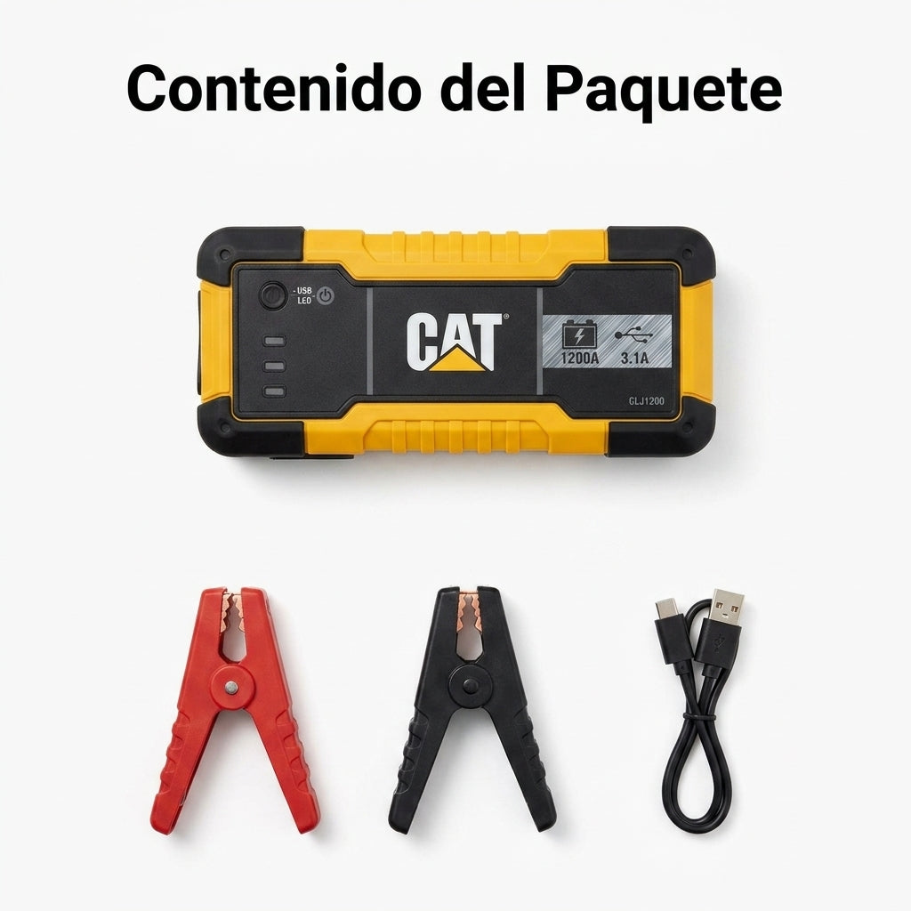 Portable Car Jump Starter and Power Bank — Contenido del Paquete - Vista Aerea | Generated by Modelize