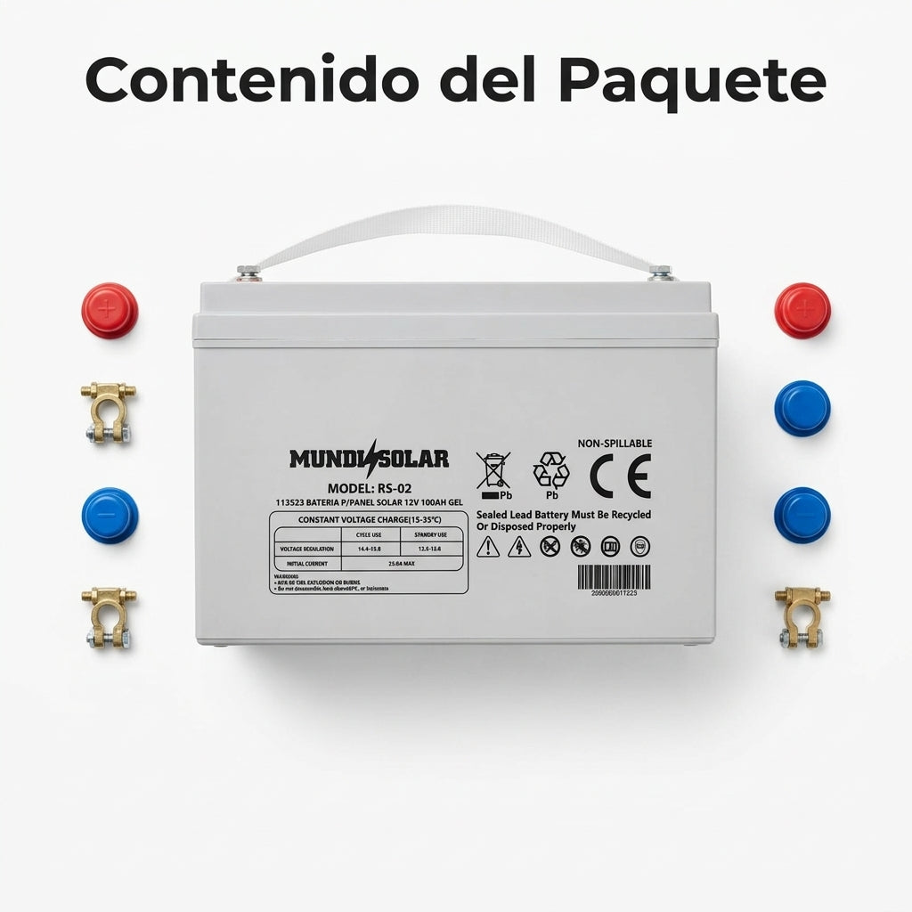 Solar Gel Battery — Contenido del Paquete - Vista Aerea | Generated by Modelize