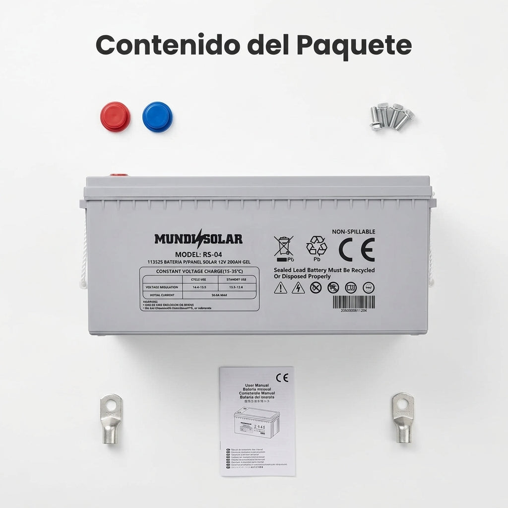 Solar Gel Battery — Contenido del Paquete - Vista Aerea | Generated by Modelize