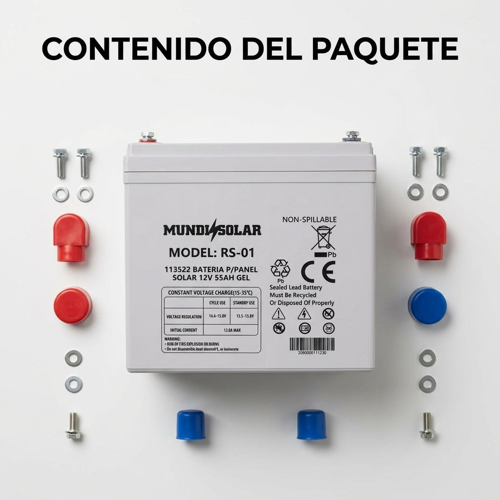Solar Gel Battery — Contenido del Paquete - Vista Aerea | Generated by Modelize
