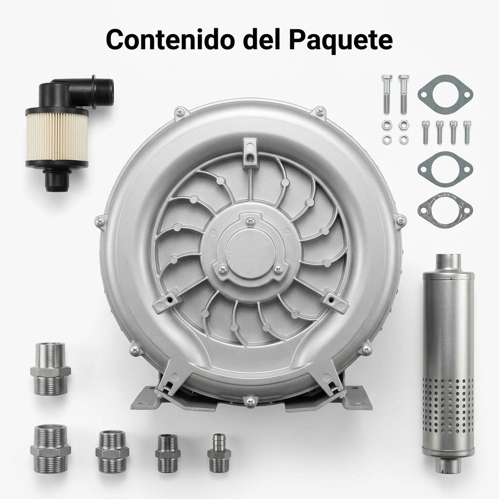 Regenerative Blower / Side Channel Blower — Contenido del Paquete - Vista Aerea | Generated by Modelize