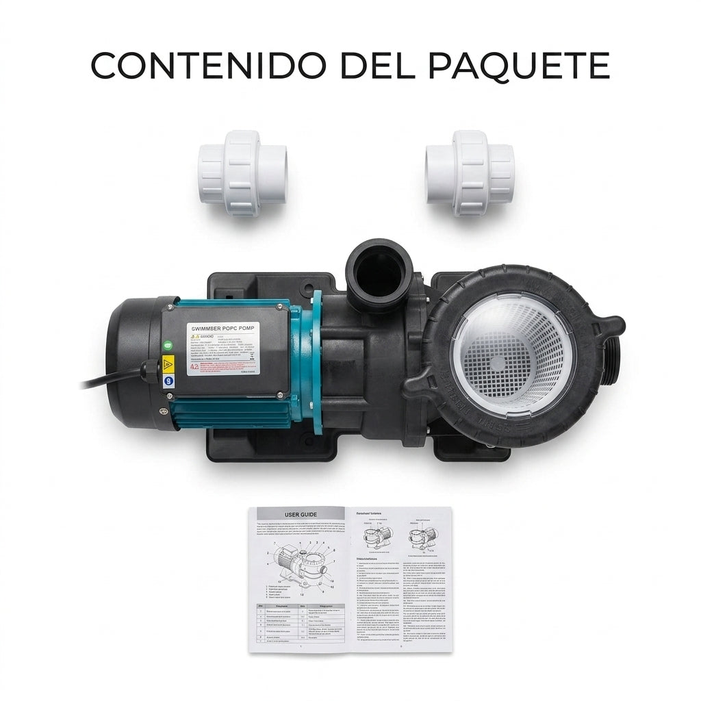 1.5 HP Pool Water Pump — Contenido del Paquete - Vista Aerea | Generated by Modelize