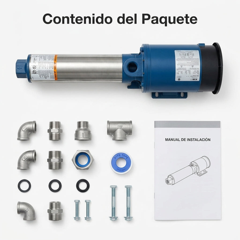 3 HP Submersible Cannon Water Pump — Contenido del Paquete - Vista Aerea | Generated by Modelize