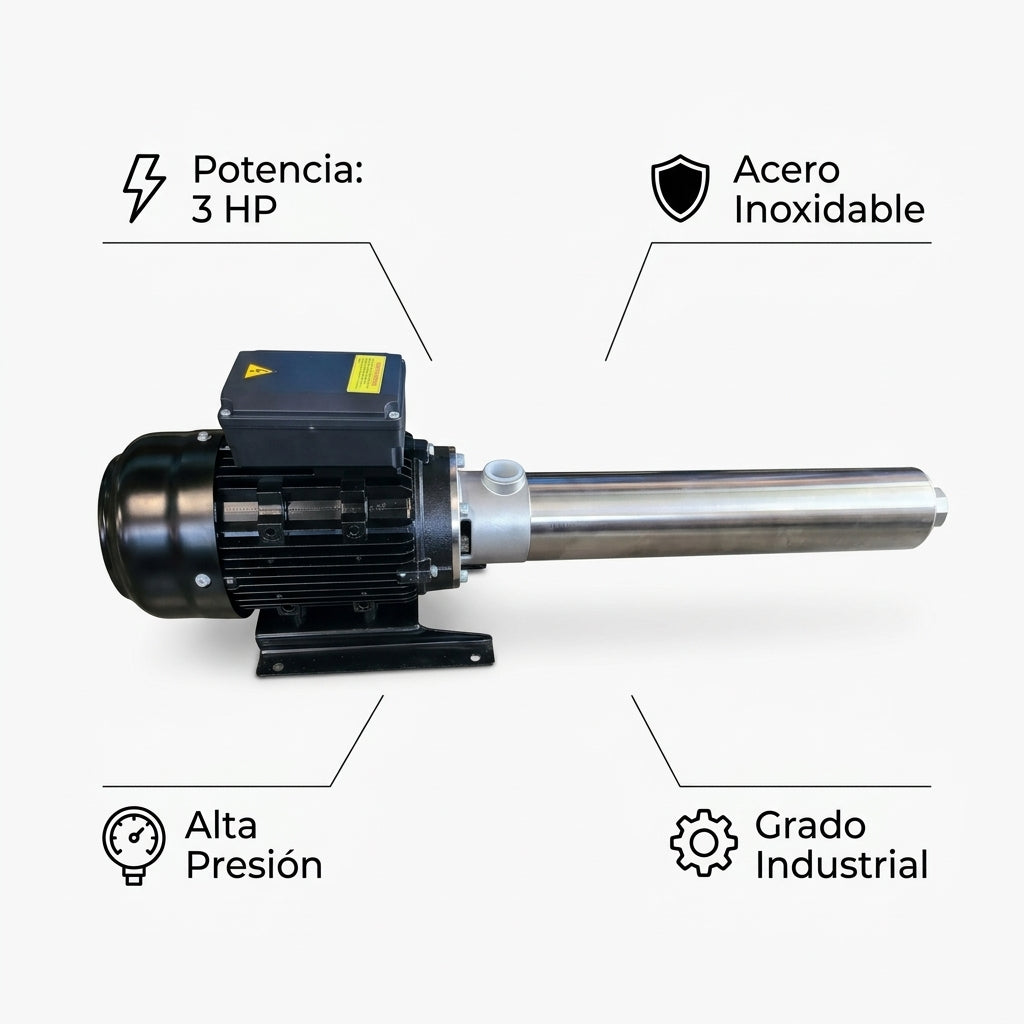 Industrial high-pressure water pump — Infografia de Caracteristicas | Generated by Modelize