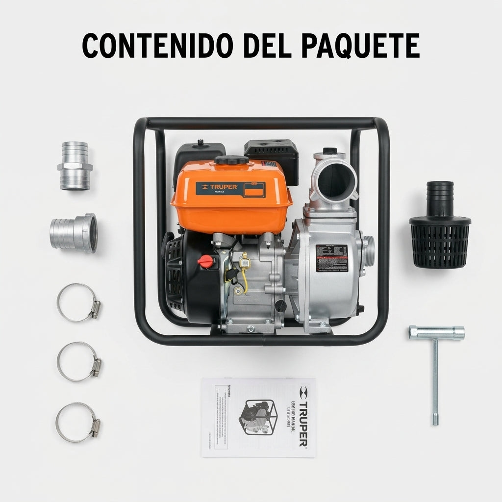 Gas-powered high-flow water pump — Contenido del Paquete - Vista Aerea | Generated by Modelize
